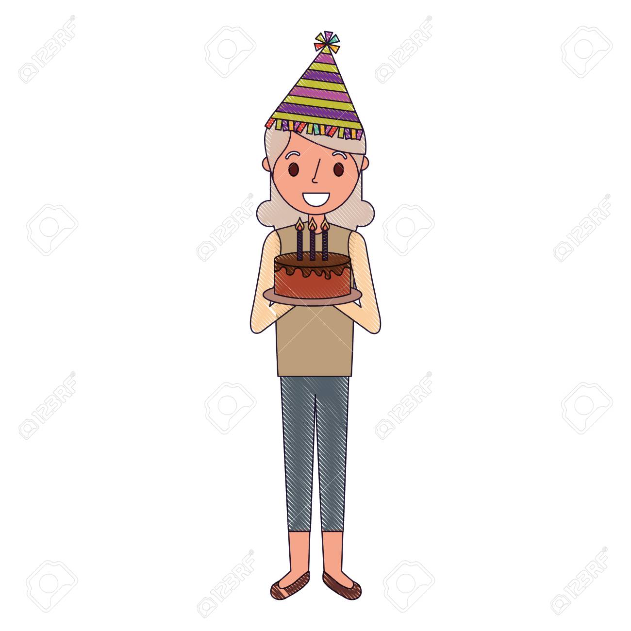 誕生日ケーキベクターイラストを保持するパーティー帽子を持つ高齢のおばあちゃんのイラスト素材 ベクタ Image