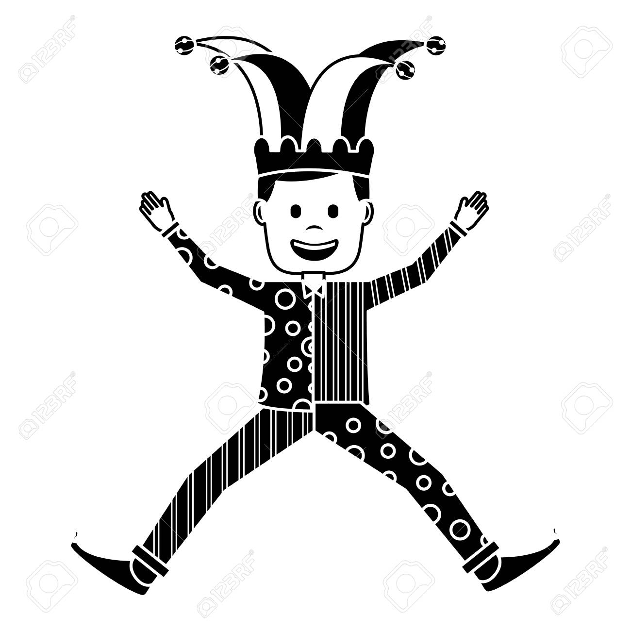 Joker jumping surprise fools day character happy vector illustration black and white image stock vector