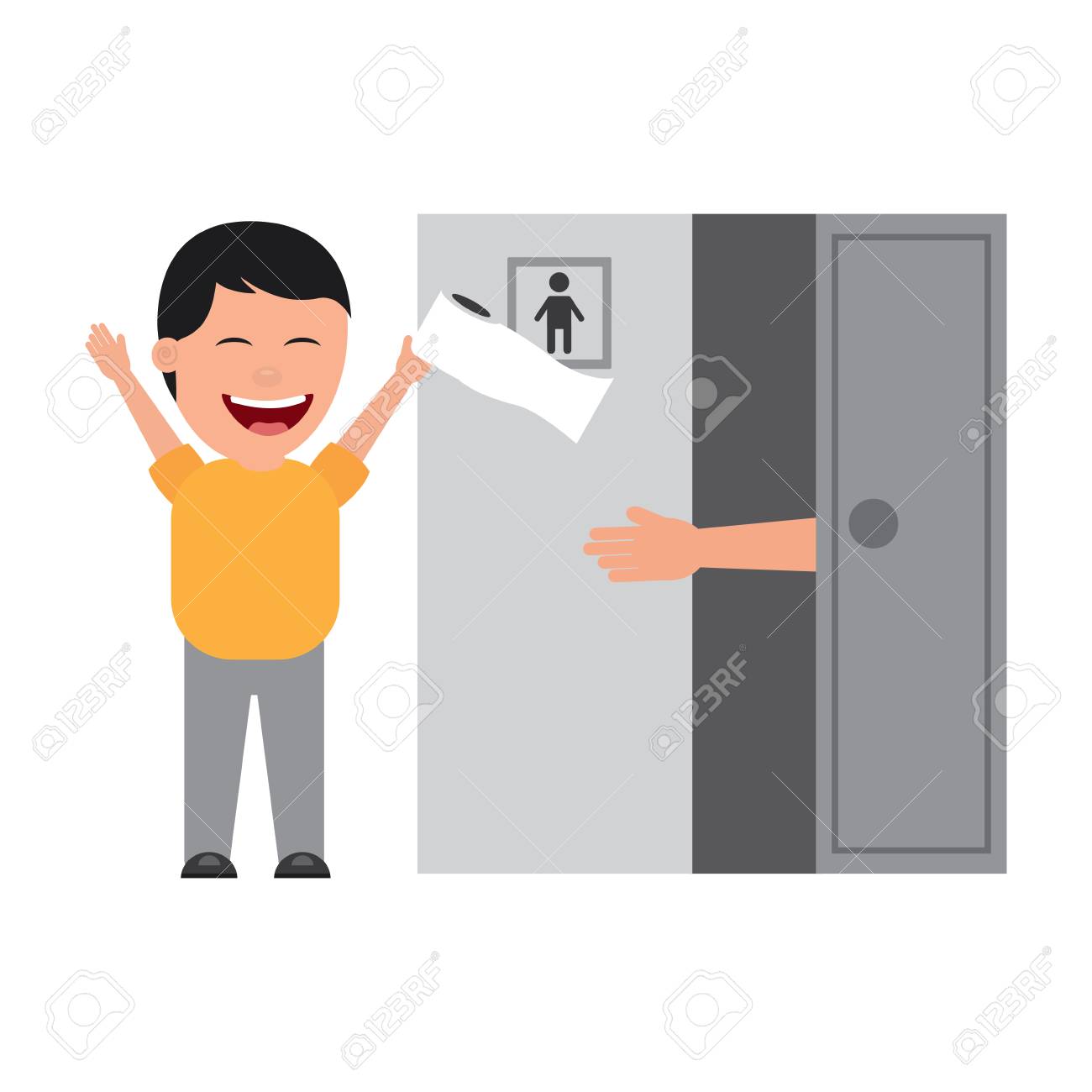 男は浴室の愚か者の日ベクトルのイラストからトイレットペーパーを取り除く友人に冗談を言うのイラスト素材 ベクタ Image 97002559