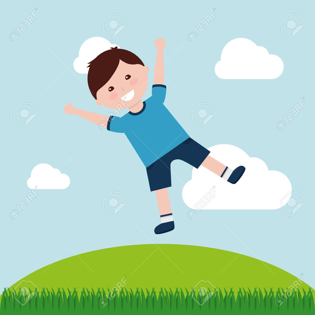 ファイルされた風景ベクトルイラストでジャンプ面白い小さな男の子 のイラスト素材 ベクタ Image