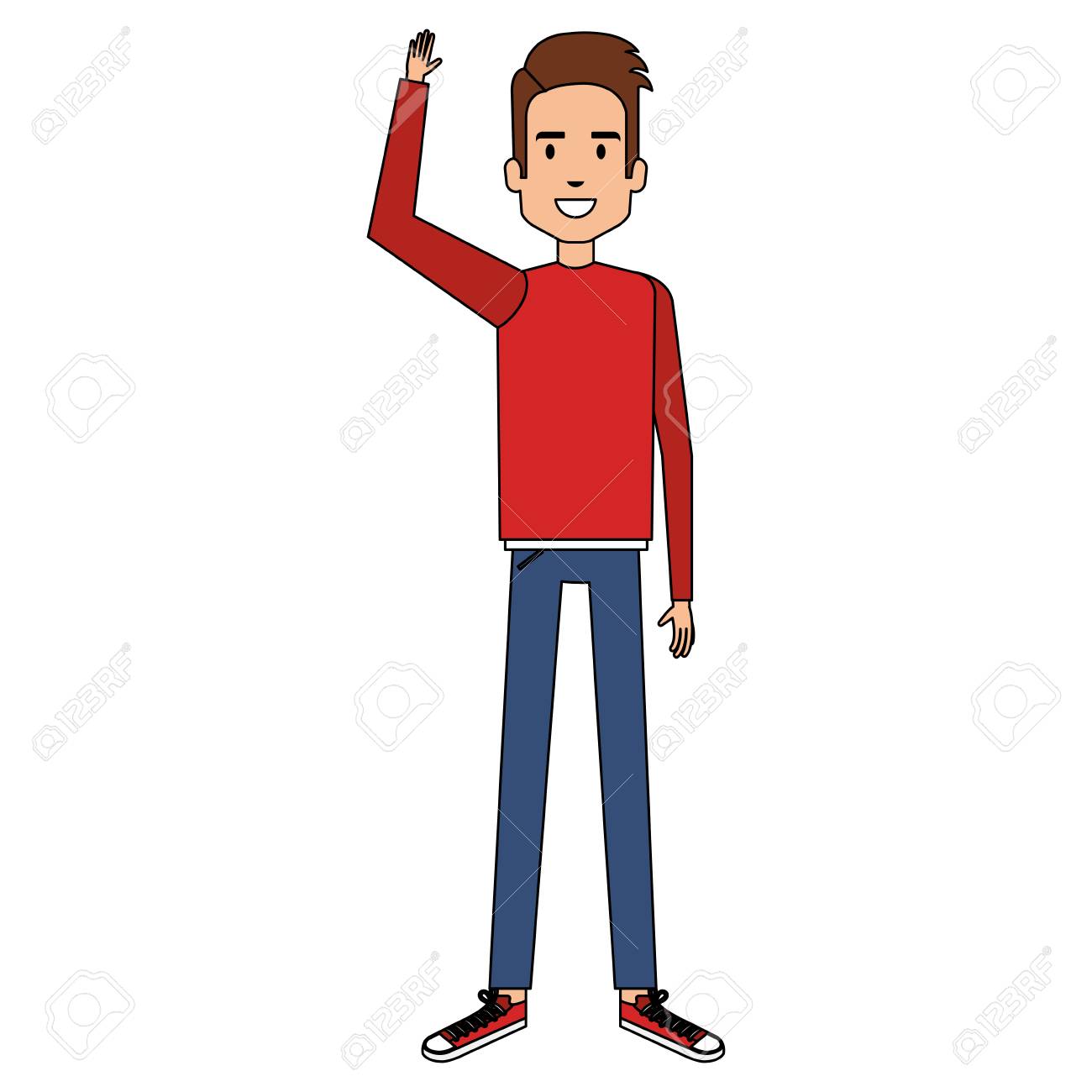 手を上げるアバターキャラクターベクトルイラストデザインを持つ若い男のイラスト素材 ベクタ Image 手を上げるアバターキャラクターベクトルイラストデザインを持つ若い男のイラスト素材 ベクタ Image
