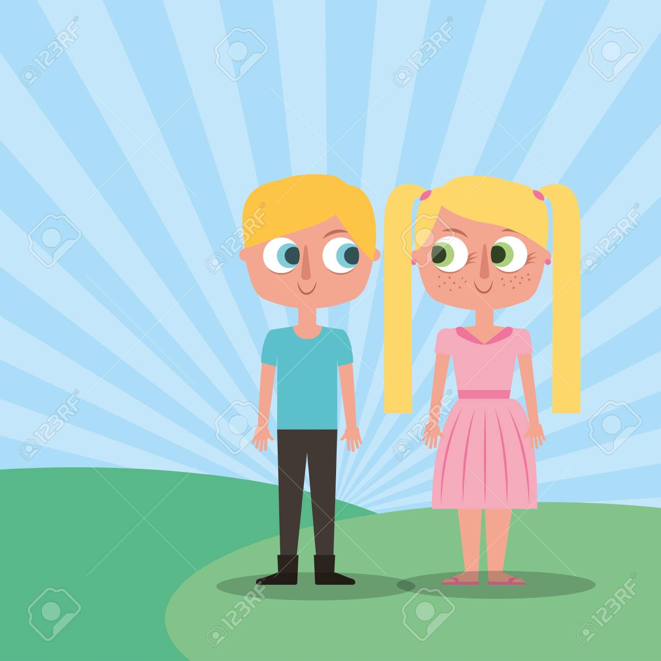 かわいい女の子と男の子は草原ベクトルイラストで手の兄弟姉妹を持っていますのイラスト素材 ベクタ Image