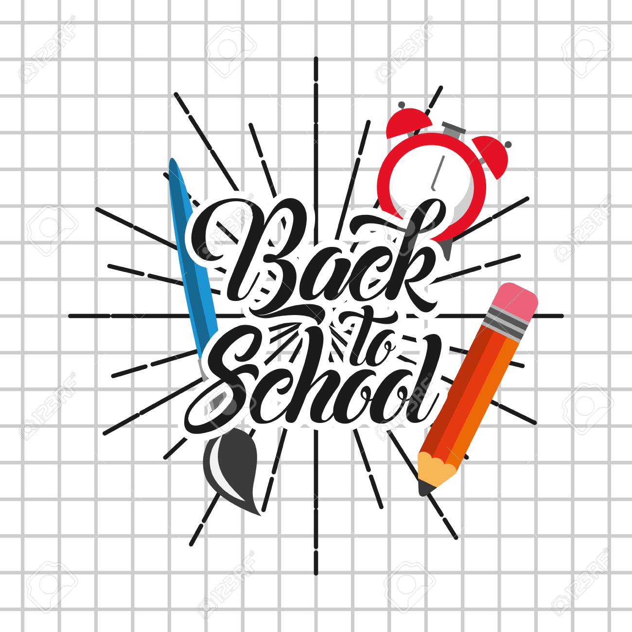 back to school paint brush pencil clock on grid paper vector paint graph paper
