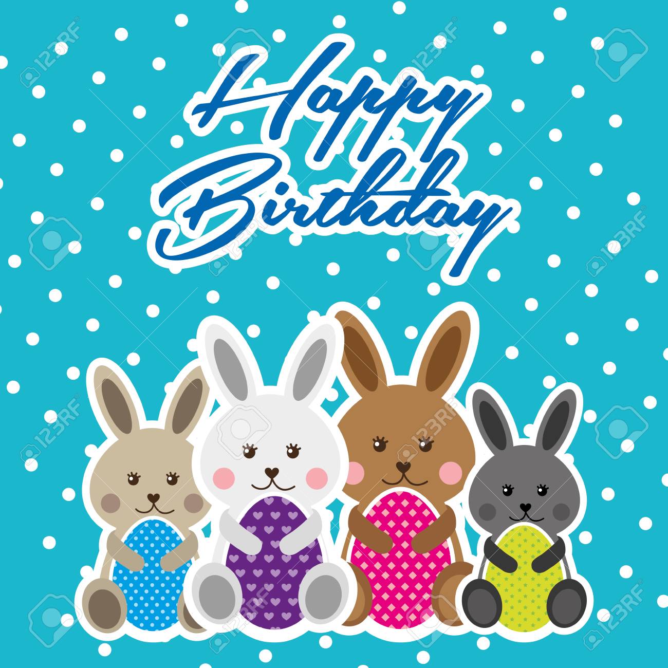 Joyeux Anniversaire Cartes Lapins Mignons Tenant Des Oeufs De Paques Illustration Vectorielle Clip Art Libres De Droits Vecteurs Et Illustration Image