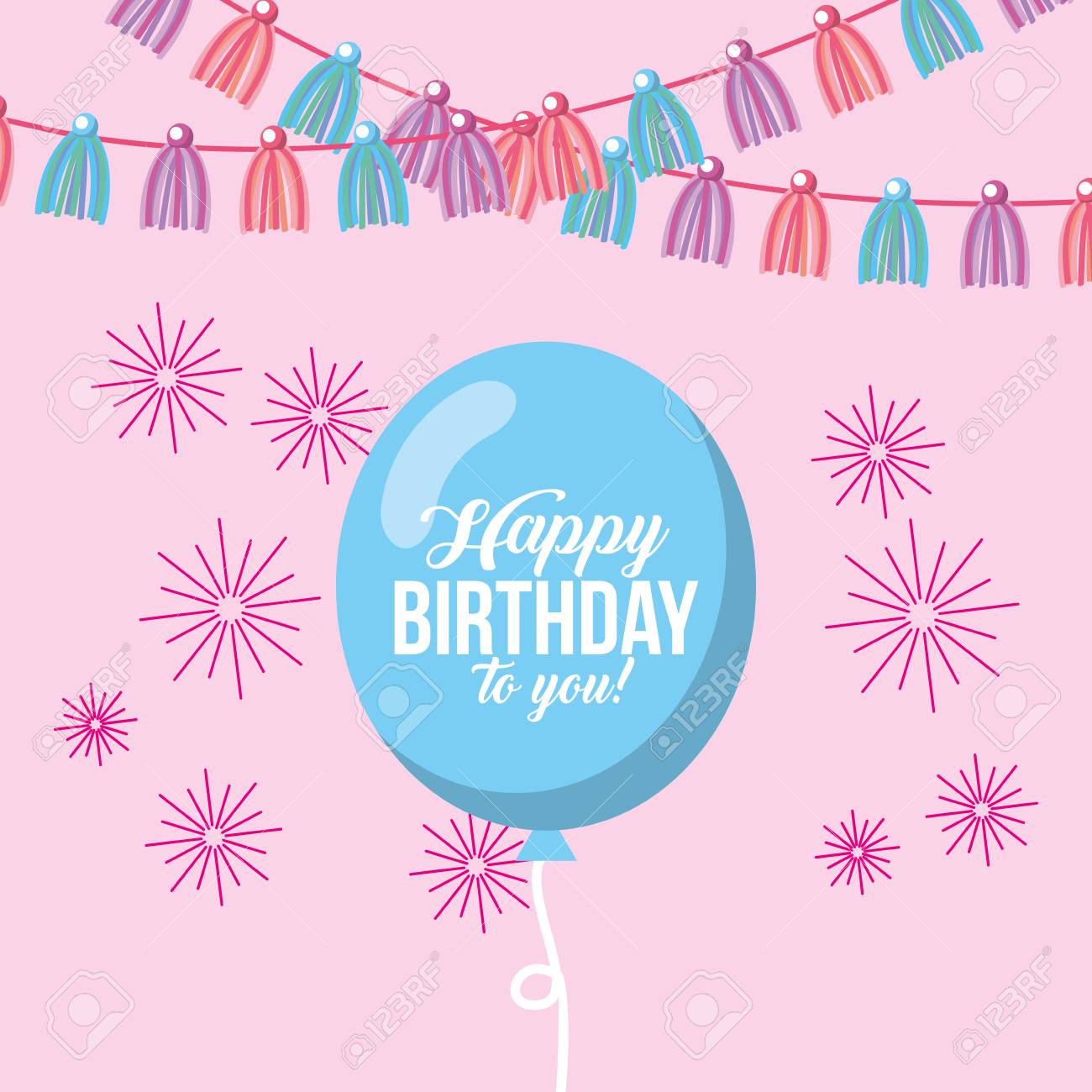 Carte De Voeux Joyeux Anniversaire Ballon Bleu Et Decoration Penant Illustration Vectorielle Clip Art Libres De Droits Vecteurs Et Illustration Image