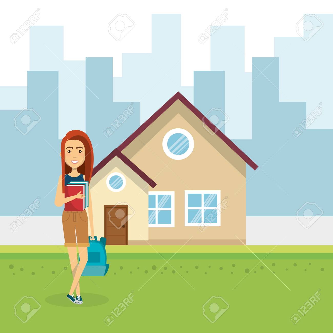 Young Woman Outside House Vector Illustration Design Royalty Free SVG,  Cliparts, Vectors, and Stock Illustration. Image 97403282., image size:1300x1300