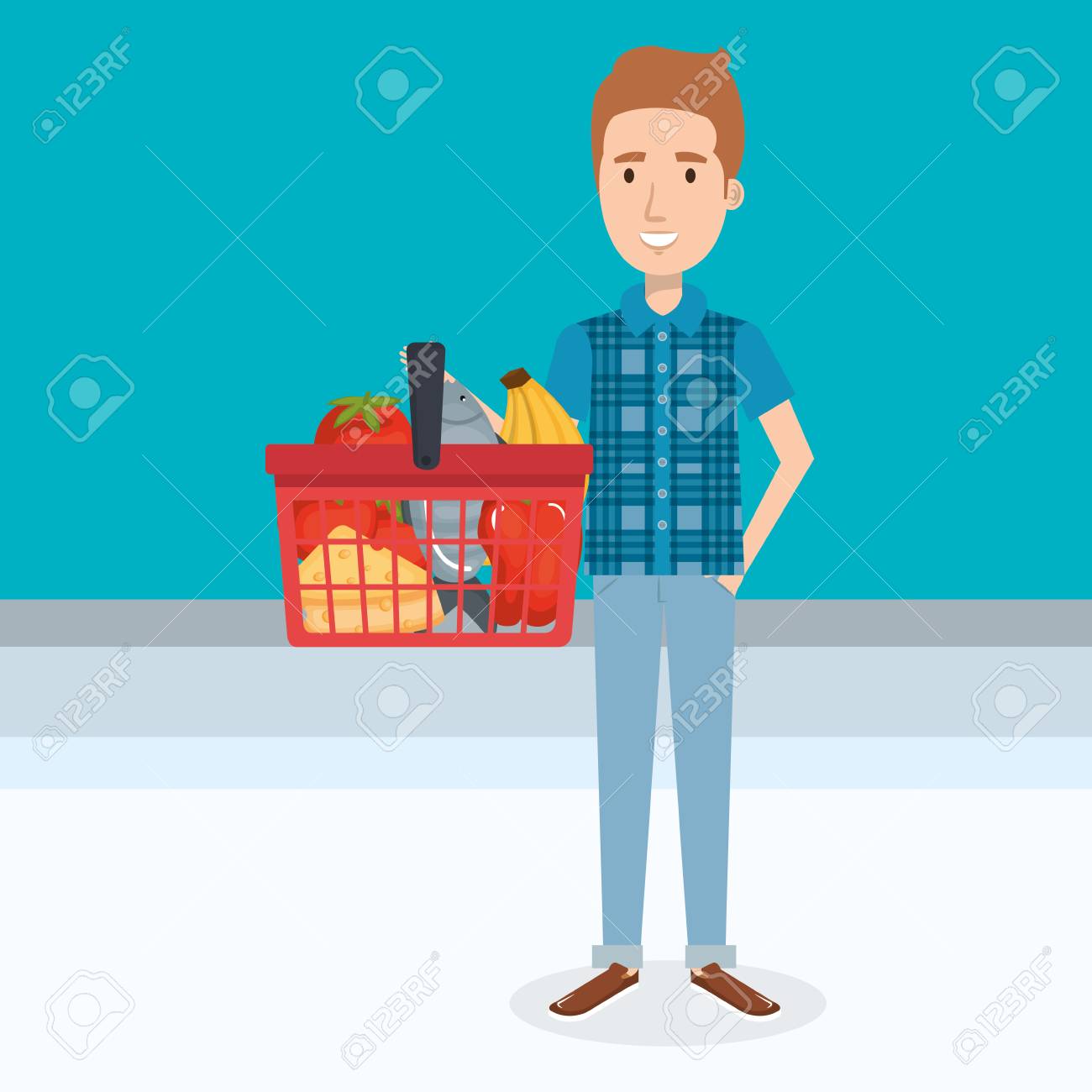 食料品ベクターイラストデザインの買い物かごを持つ消費者のイラスト素材 ベクタ Image 食料品ベクターイラストデザインの買い物かごを持つ消費者のイラスト素材 ベクタ Image