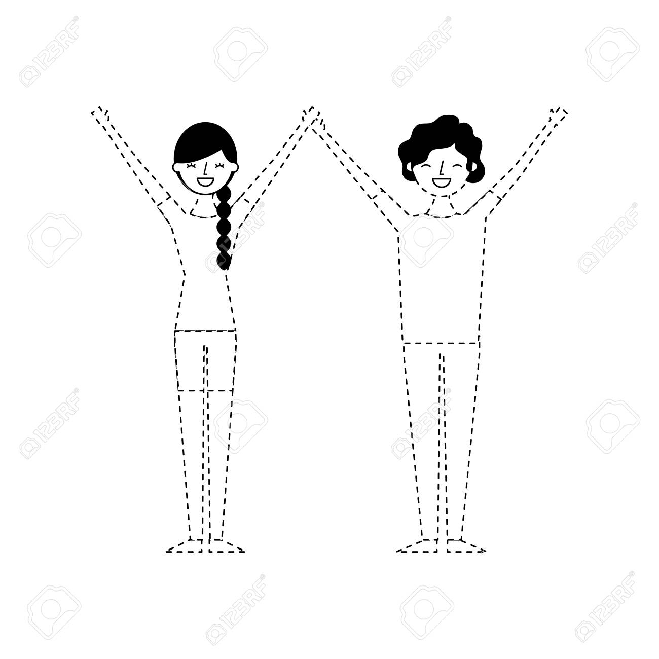 若い隆起した腕のカップルの人々のキャラクターベクトルイラストモノクロ点線画像 のイラスト素材 ベクタ Image