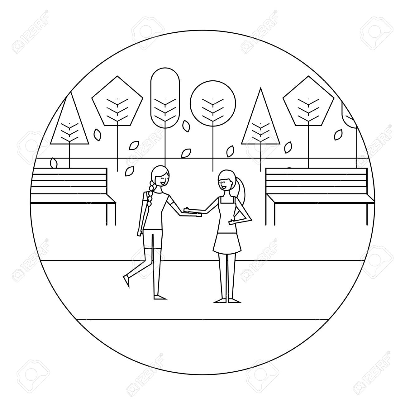 秋の季節の風景ベクトルイラスト細い線で手をつないで2人の女性のイラスト素材 ベクタ Image 97451797