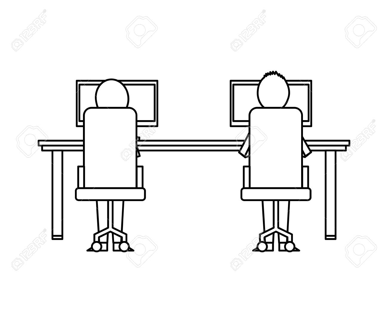 People Sitting View Back Chairs Table And Computers Vector