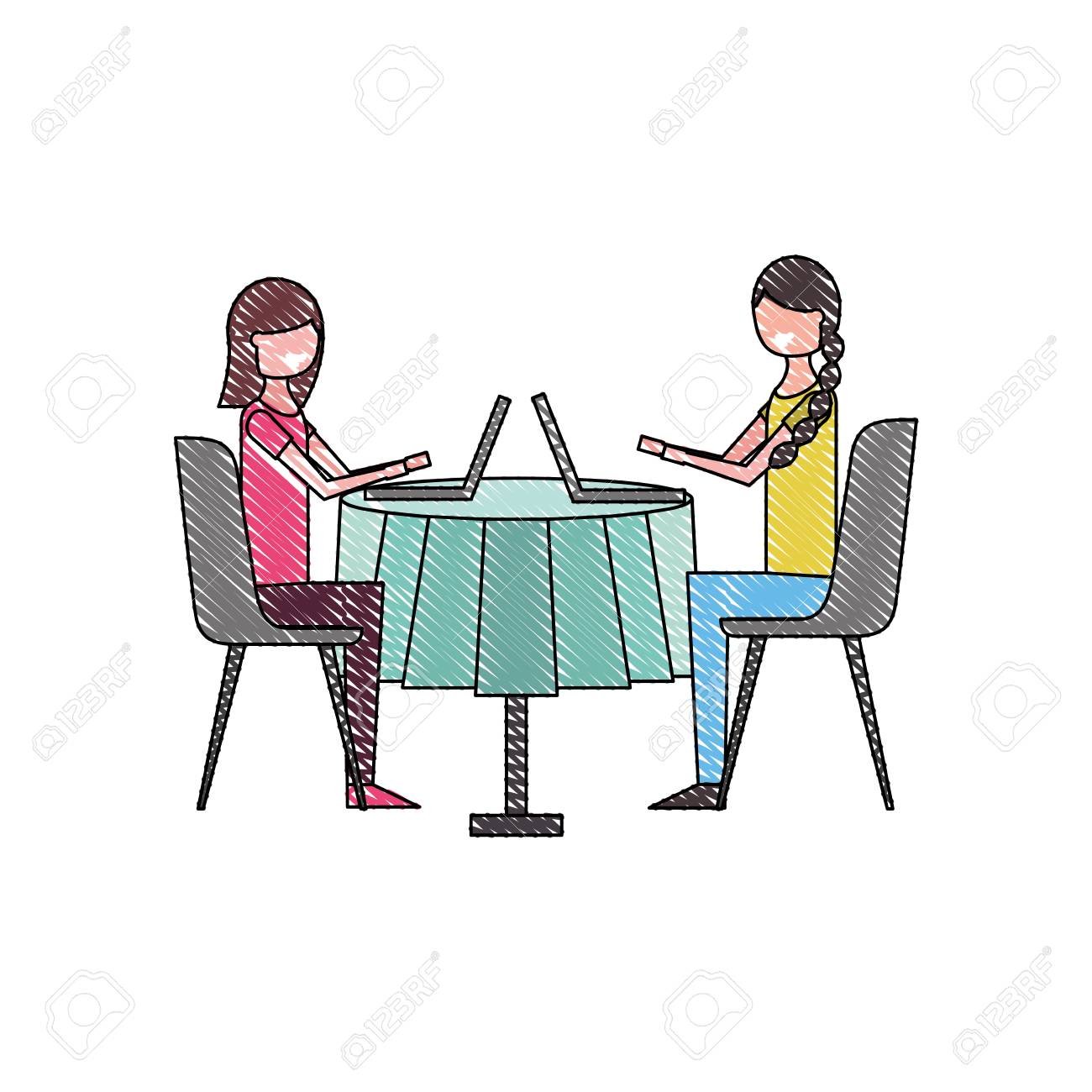 ラップトップベクターのイラストを使用してテーブルに座っている女の子の人々 のイラスト素材 ベクタ Image