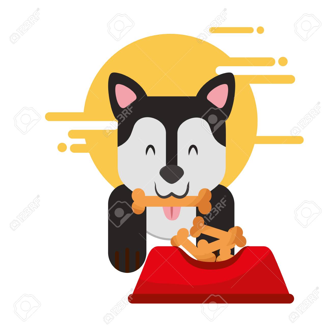 完全な食べ物のボウルベクターイラストの隣に座って口の中に骨を持つ家畜犬 のイラスト素材 ベクタ Image