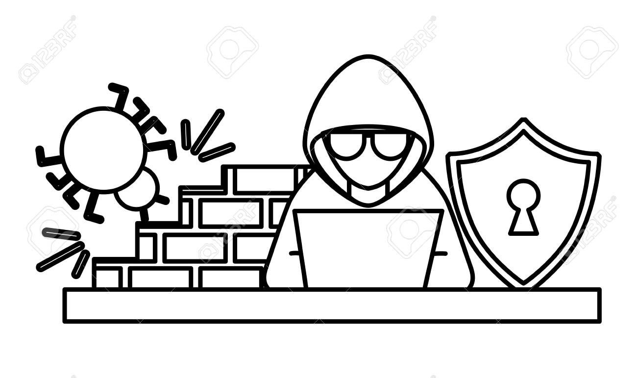 サイバーセキュリティハッカーは ラップトップバグファイアウォールシールドベクトルのイラストのアウトラインを動作します のイラスト素材 ベクタ Image サイバーセキュリティハッカーは ラップトップバグファイアウォールシールドベクトルのイラストのアウトラインを動作します のイラスト素材 ベクタ Image