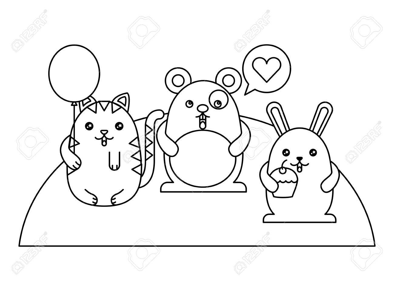 Cute Animals With Speech Bubble And Helium Ballon Kawaii Character