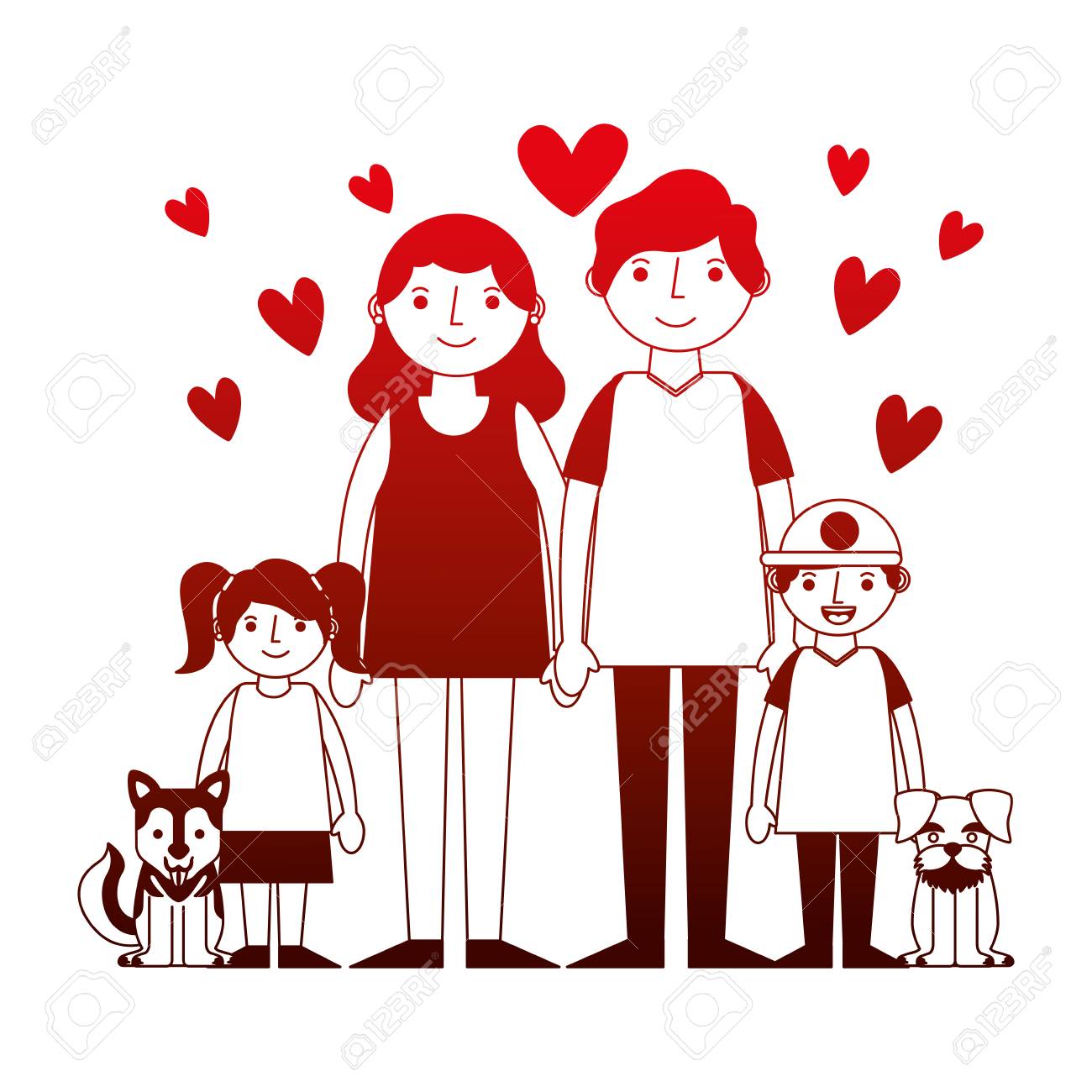 Mom Dad Son Daughter And Dogs Mascot Hearts Love Vector