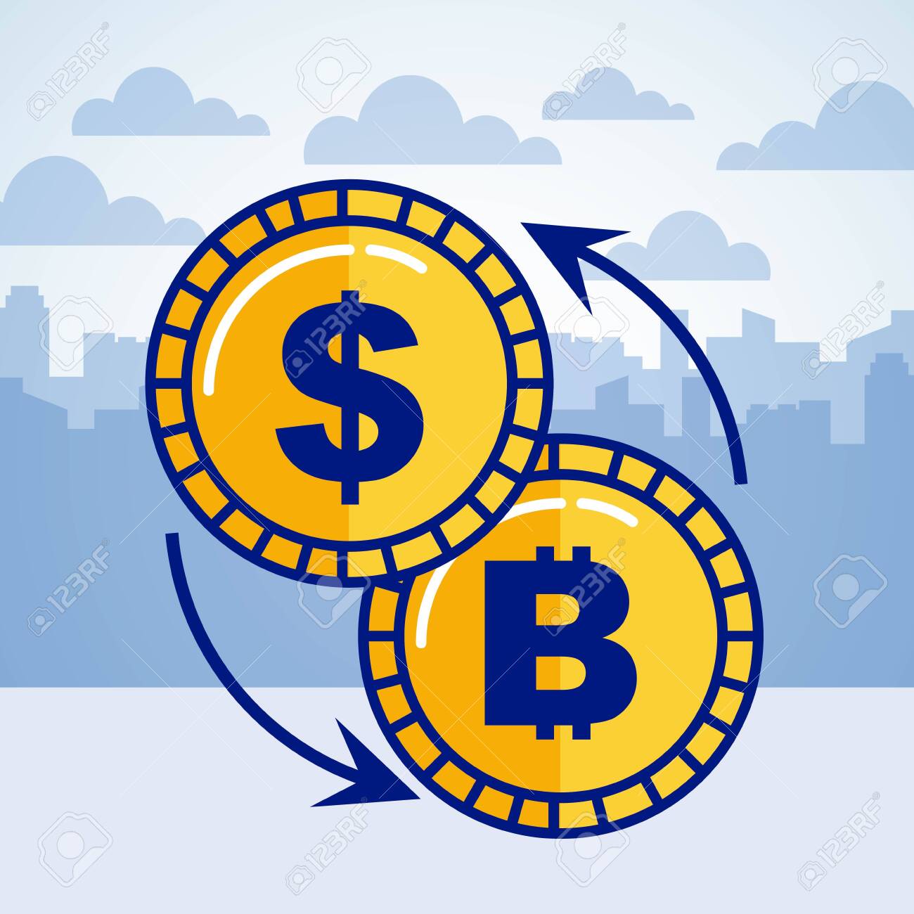 달러 비트코인 교환 사업 핀테크 벡터 일러스트 로열티 무료 사진, 그림, 이미지 그리고 스톡포토그래피. Image 110086201