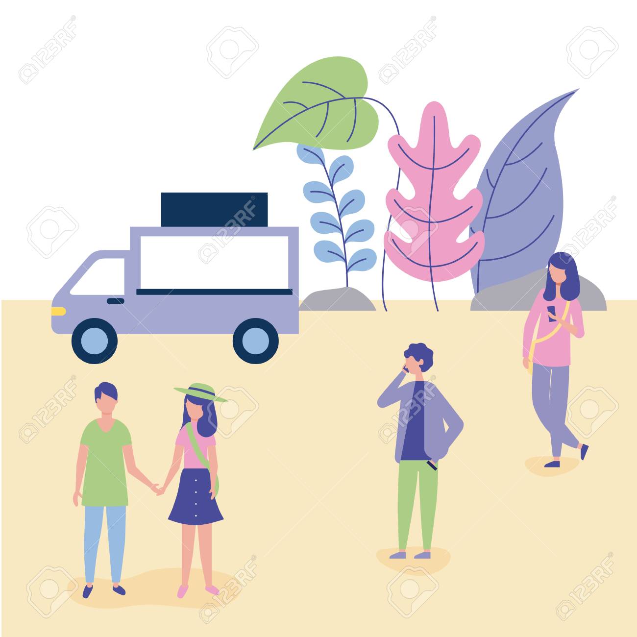 屋外活動フードカーカップルは 公園のベクトルイラストで電話を使用して女の子と男の子を手をつないでのイラスト素材 ベクタ Image