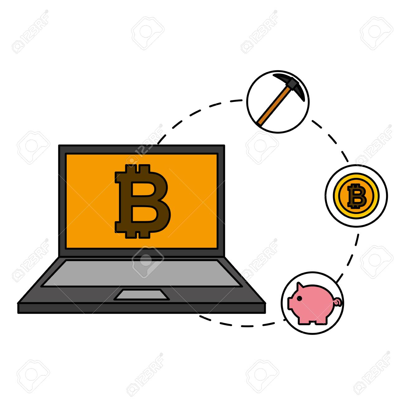 Laptop Mining Piggy Bank Bitcoin Cryptocurrency Fintech Vector - 