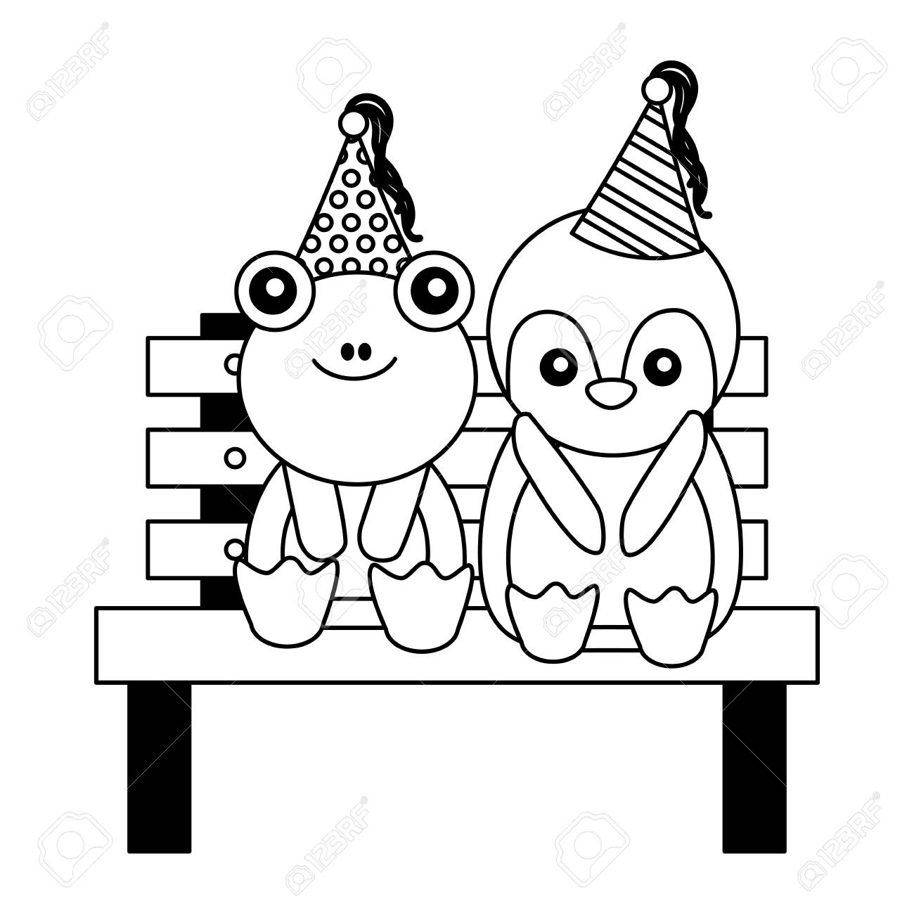 Cute Penguin And Frog On Bench Happy Birthday Vector Illustration