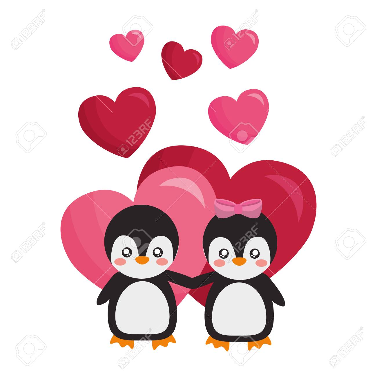 Cute Couple Penguins Hearts Valentines Day Vector Illustration ...