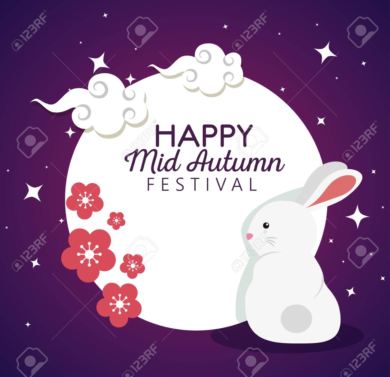 Label Of Rabbit With Flowers Decoration And Clouds To Mid Autumn Royalty Free Cliparts Vectors And Stock Illustration Image 141648857