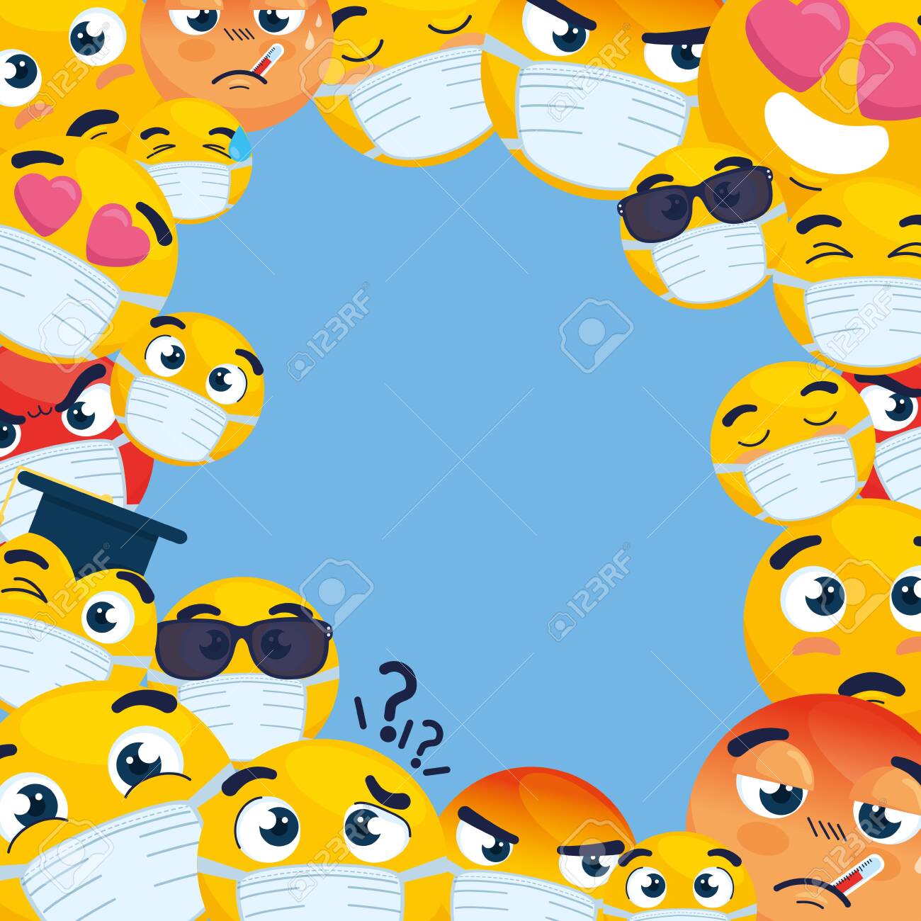 Download Frame Of Emoji Wearing Medical Mask Yellow Faces With White Royalty Free Cliparts Vectors And Stock Illustration Image 148846036 PSD Mockup Templates