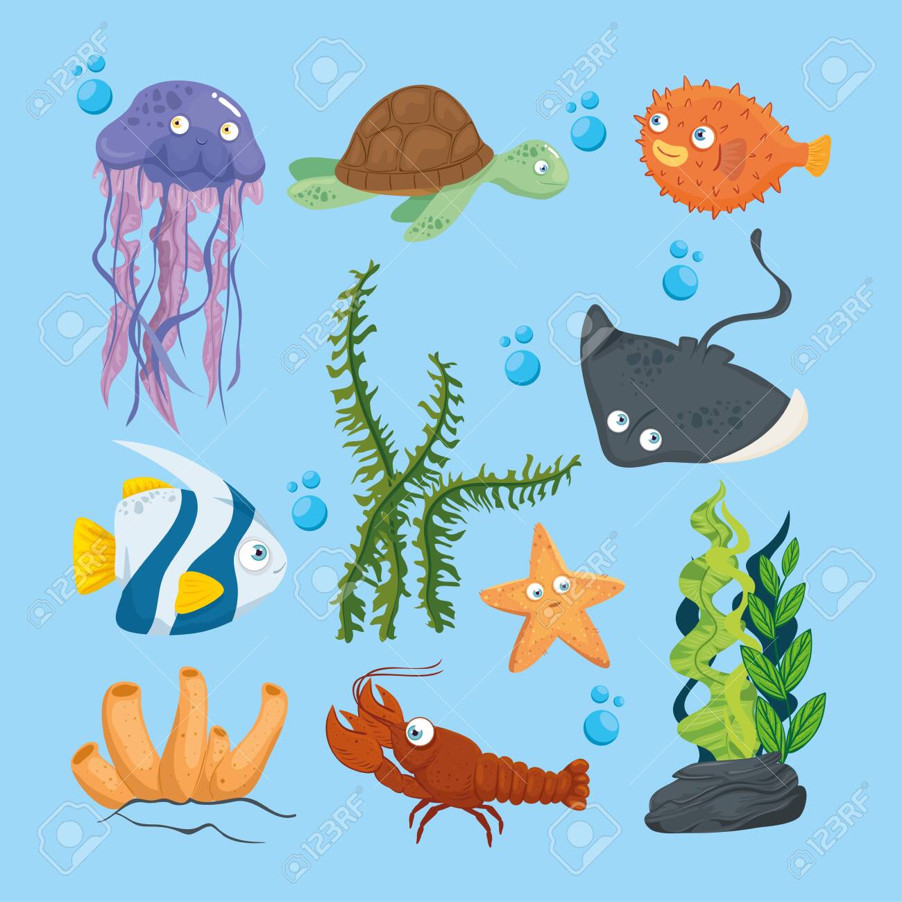Xxxと海の野生の海洋動物、海の世界の住人、かわいい水中の生き物、熱帯のベクトルイラストデザインの海底動物相のイラスト素材・ベクター Image  151275025