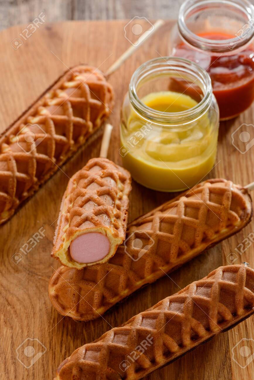 Waffle Corn Dogs On Wooden Background Amazing Appetizers On Stock Photo Picture And Royalty Free Image Image 140757346