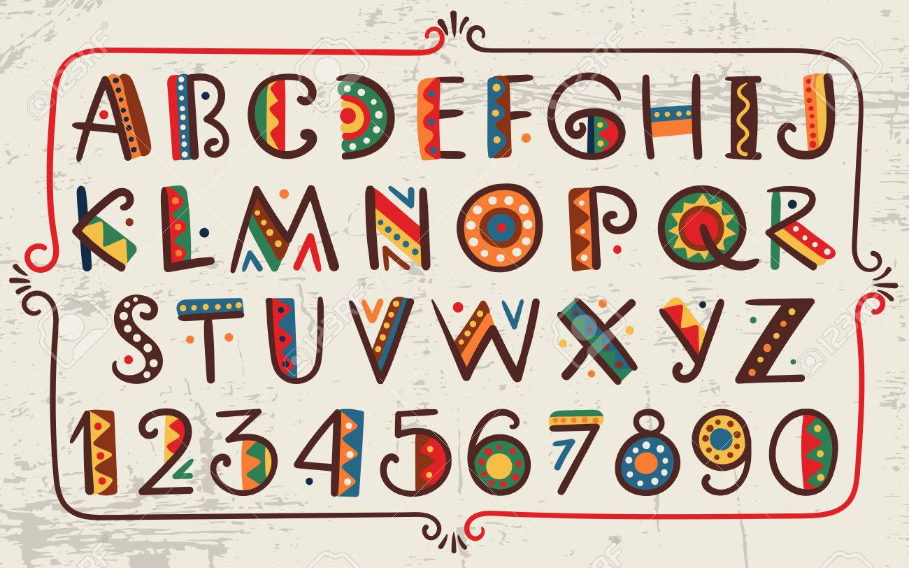 Tribal ethnic bright alphabet and number Hand drawn graphic font in african or indian style Primitive simple stylized design - 54334768 Tribal ethnic bright alphabet and number Hand drawn graphic font in african or indian style Primitive simple stylized design - 54334768