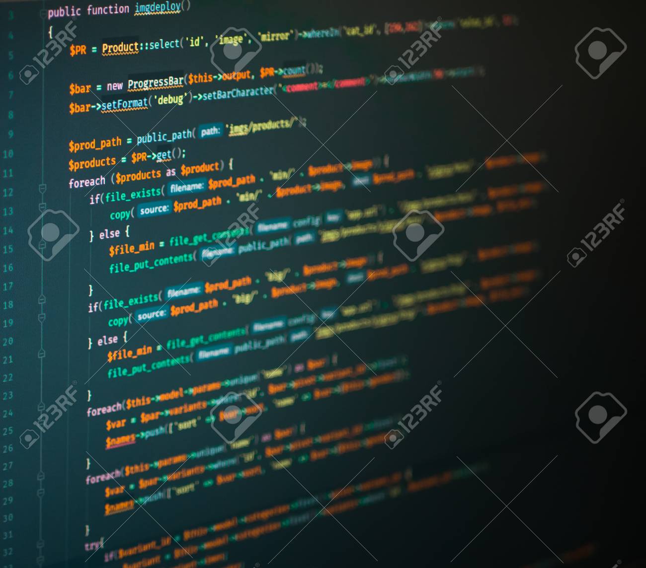 lines of php coding on the screen orange and green code stock photo php coding