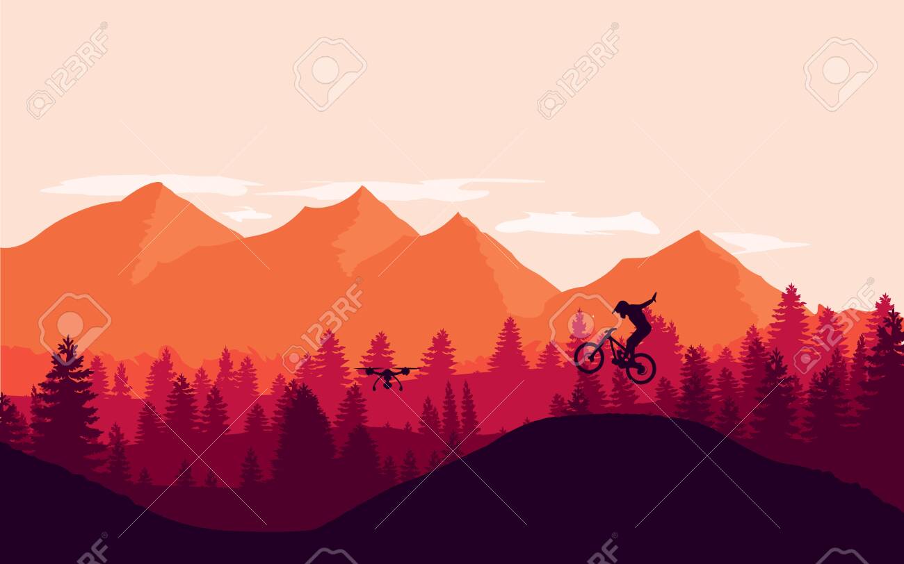 Mountain bike rider in wild mountain nature landscape background. - 142881472 Mountain bike rider in wild mountain nature landscape background. - 142881472