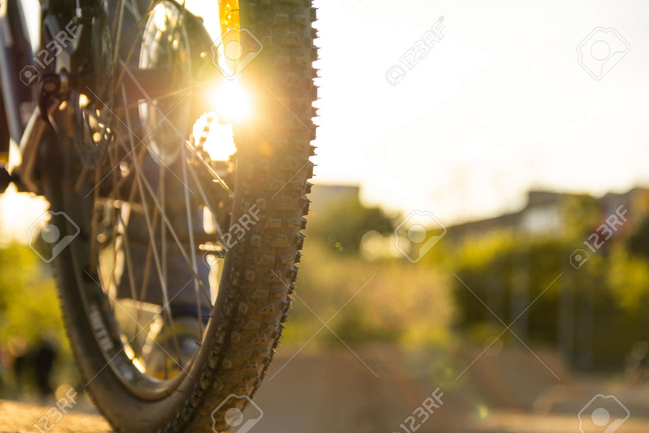 Back shot of mountain bike rear wheel. Bicycle wheels close up image on sunset. - 154885616 Back shot of mountain bike rear wheel. Bicycle wheels close up image on sunset. - 154885616