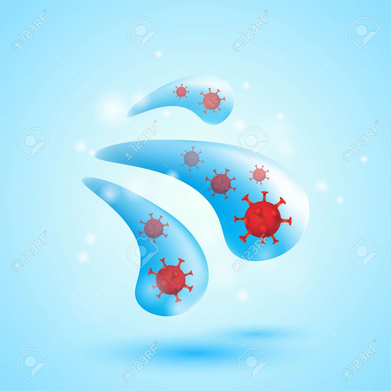 Droplet infection. Corona virus in droplets. Spread of the virus. Water drop and virus cell. Contaminated water. - 158406018 Droplet infection. Corona virus in droplets. Spread of the virus. Water drop and virus cell. Contaminated water. - 158406018