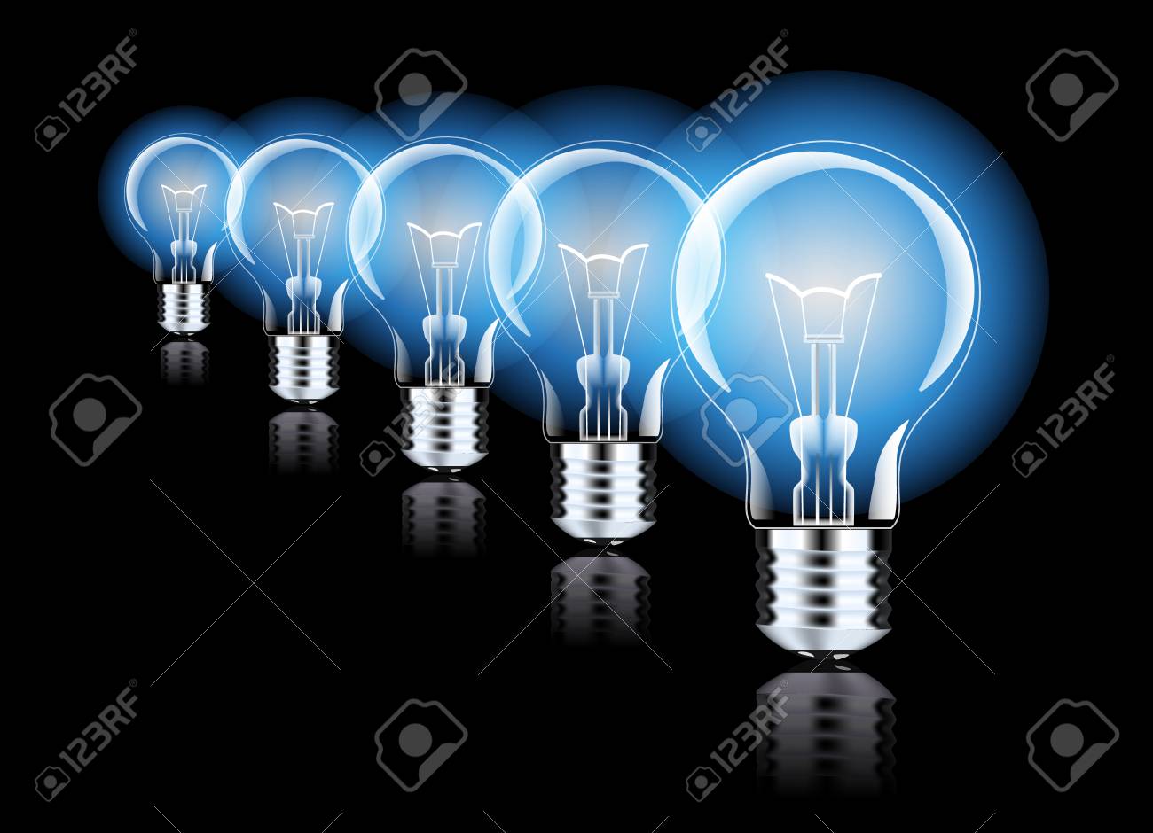 濃い青色の背景に 光るもので電球を掛ける のイラスト素材 ベクタ Image