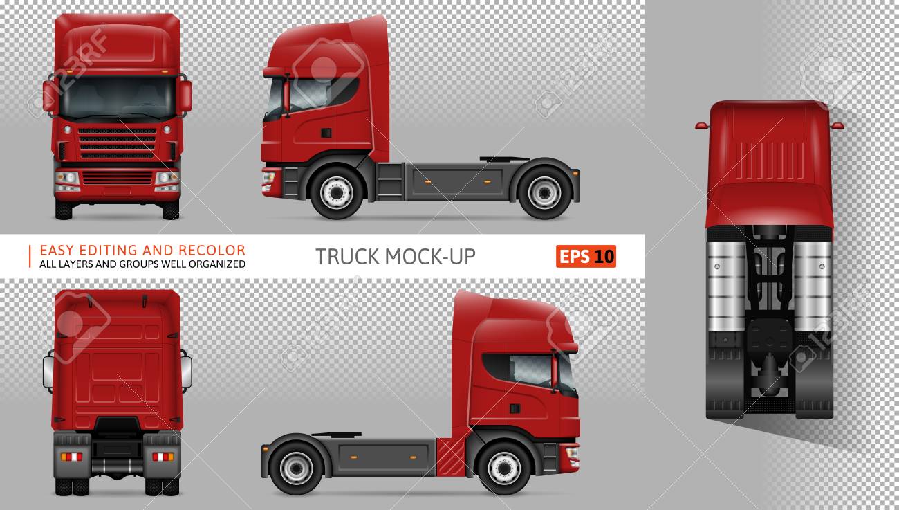 トラックベクトルモックアップ 透明な背景にローリー の孤立したテンプレート 車両ブランディングモックアップ 側面 前面 背面 上面図 グループ内のすべての要素が別々のレイヤーに配置されます 編集や色の変更が 簡単です のイラスト素材 ベクタ Image