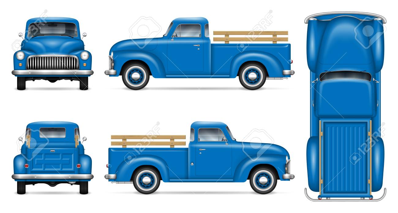 Classic Pickup Truck Vector Mockup On White Background. Isolated Blue  Vintage Lorry View From Side, Front, Back, Top. All Elements In The Groups  On Separate Layers For Easy Editing And Recolor. Royalty