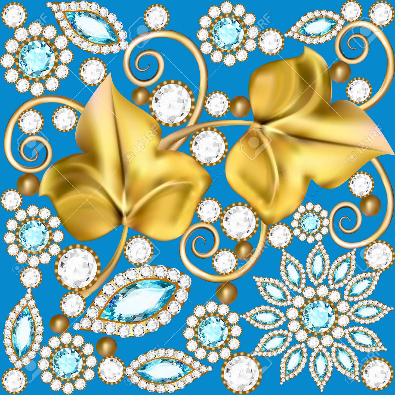 Illustration Of A Background With Jewels Ornaments And Golden Leaves  Royalty Free SVG, Cliparts, Vectors, and Stock Illustration. Image 83183820., image size:1300x1300