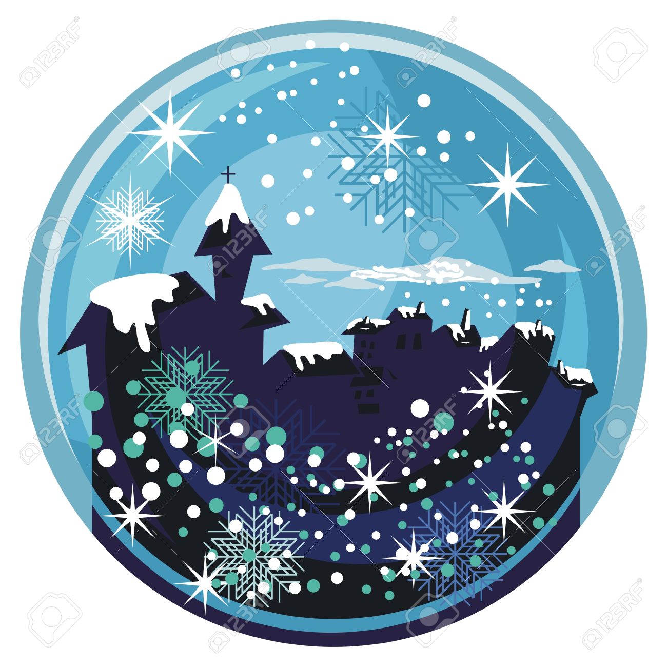winter snow globe with old town and seasonal elements royalty free