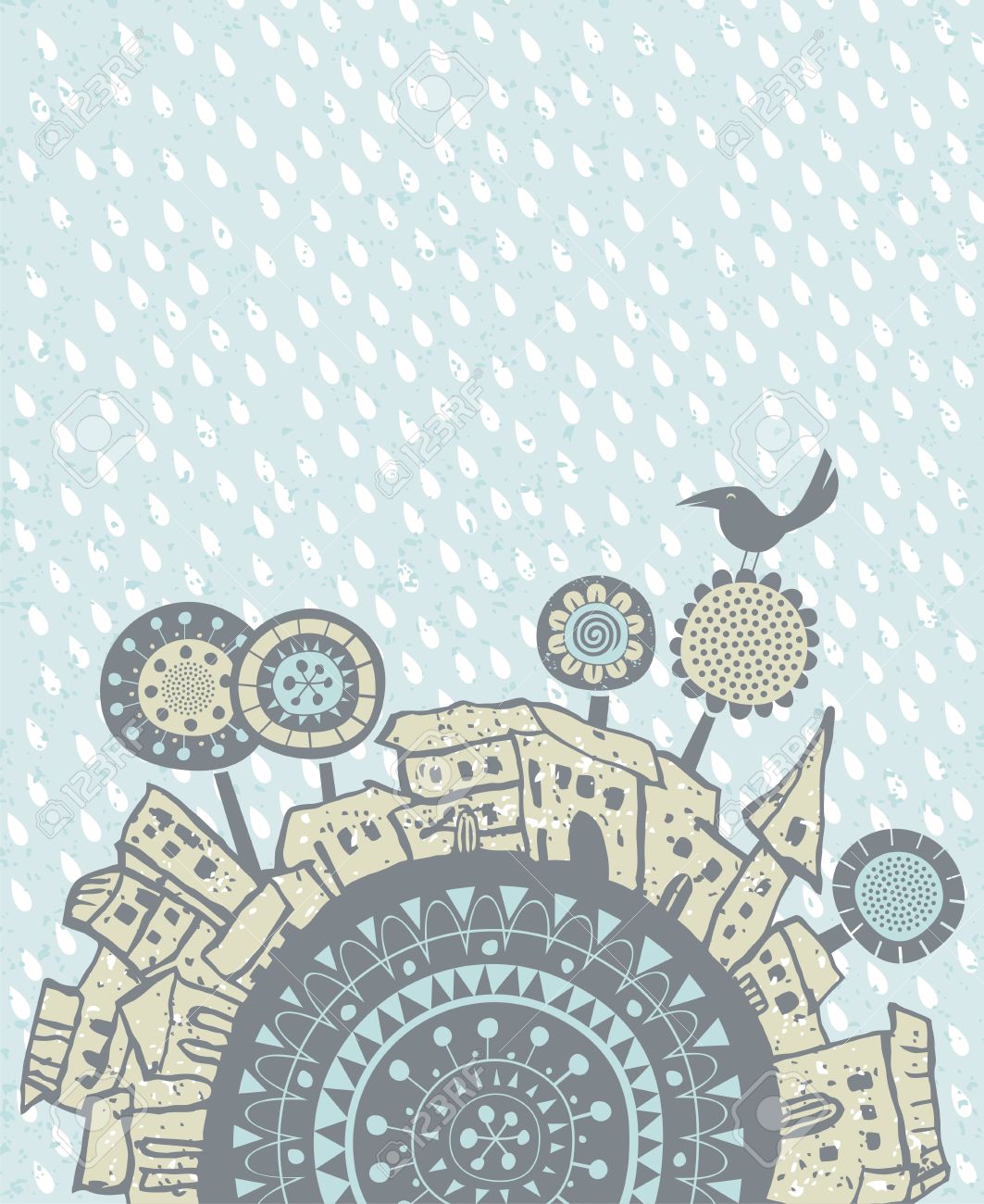 decorative illustration with falling rain over old city royalty free