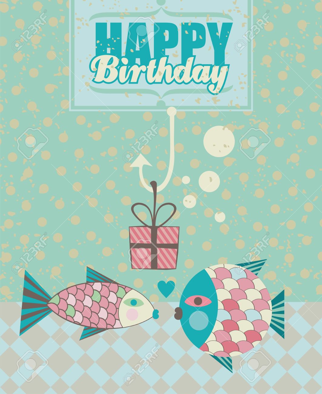 Carte D Anniversaire Avec Quelques Poissons Heureux Et Boite Presente Dans Hamecon Clip Art Libres De Droits Vecteurs Et Illustration Image