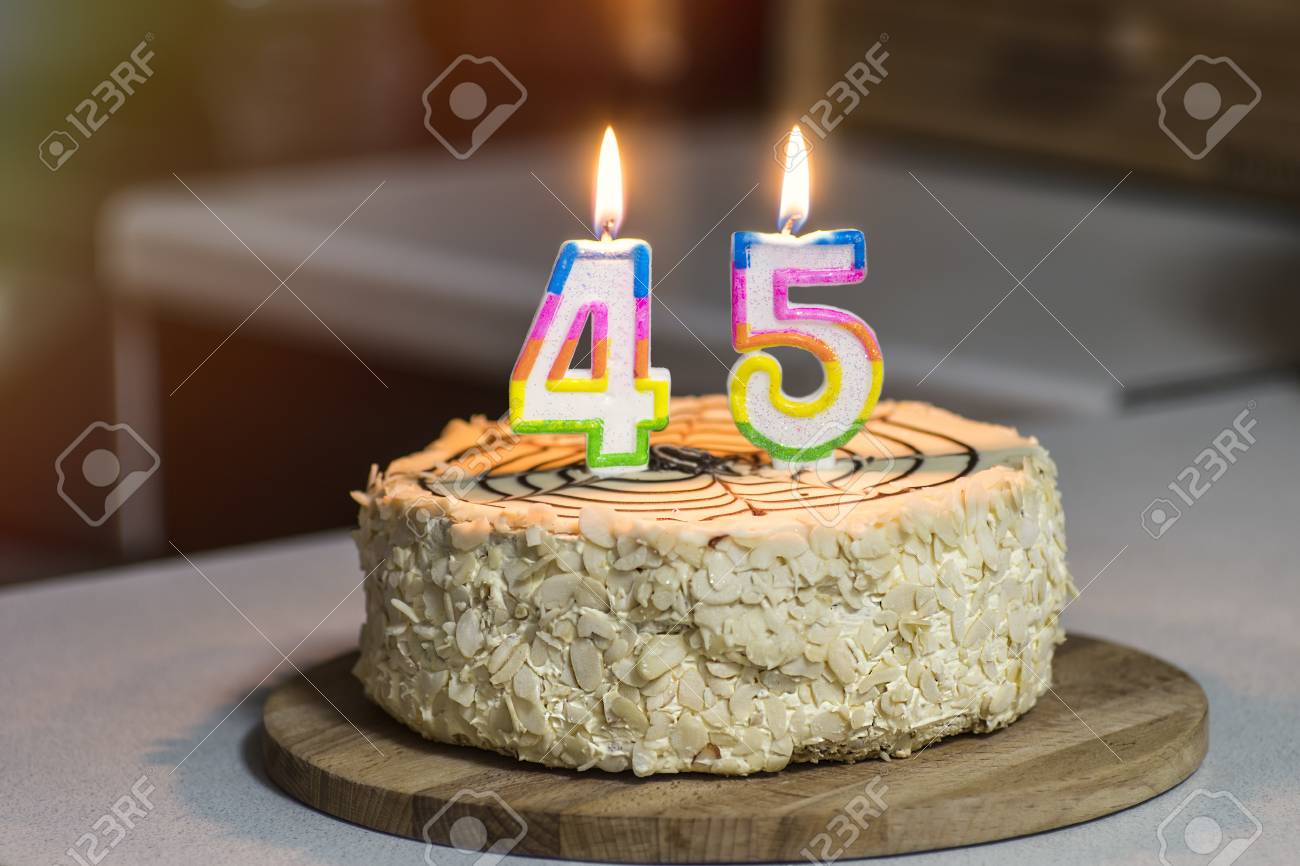 Birthday Cake Candles Burn In The Form Of Numbers 45 Stock Photo Picture And Royalty Free Image Image