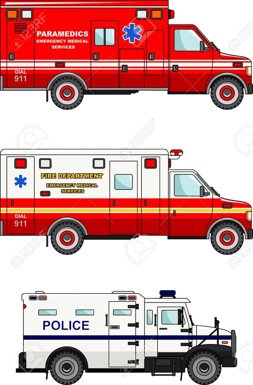 Sirena De Ambulancia Policia Y Bomberos Ilustración Detallada De Camión De Bomberos, Policía Y Ambulancias En Un  Estilo Plano Ilustraciones Svg, Vectoriales, Clip Art Vectorizado Libre De  Derechos. Image 44222300.