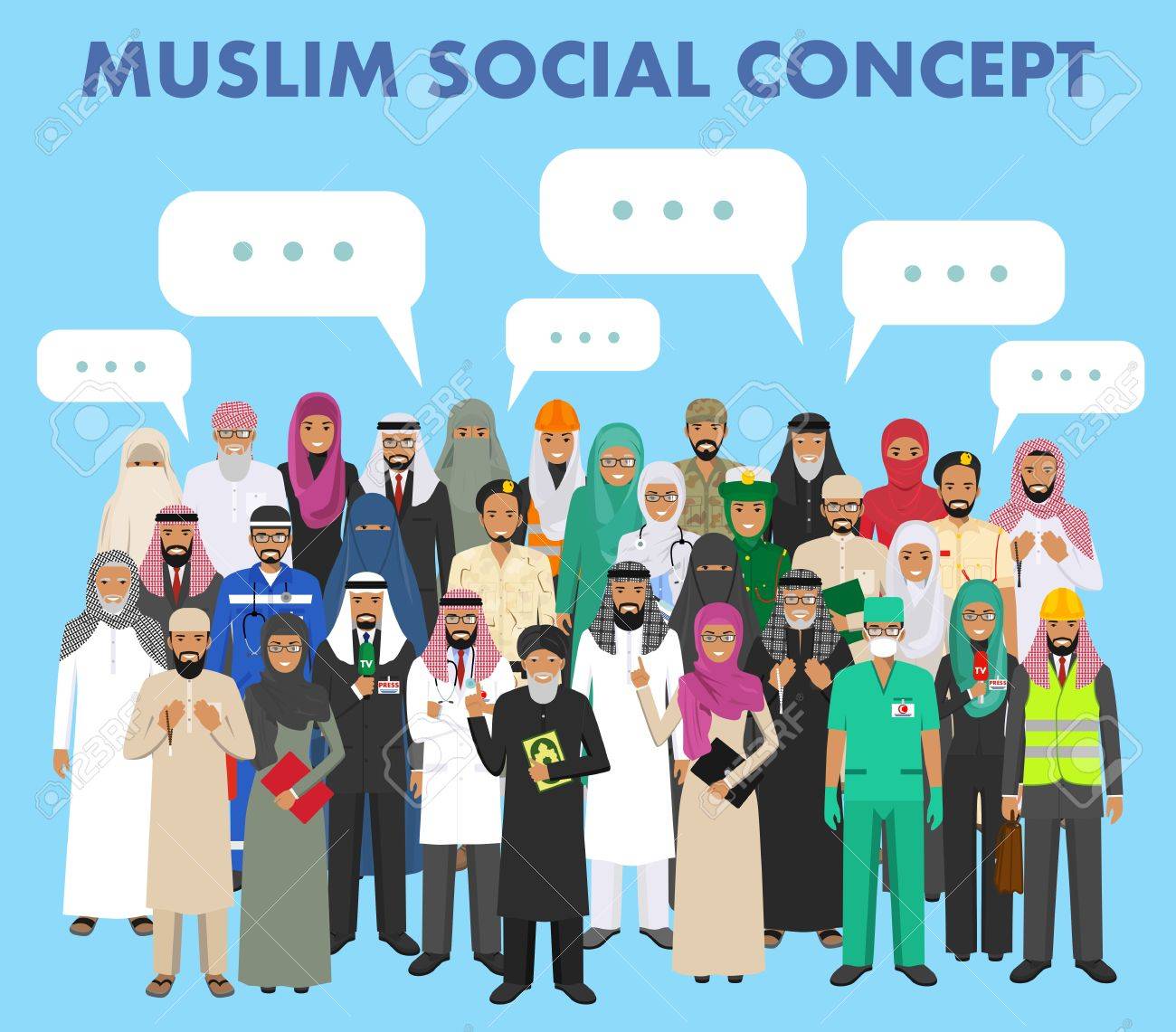 社会的概念 イスラム教のアラビア人職業職業立って一緒と異なるスーツとフラット スタイルに青色の背景で伝統的な服で演説泡をグループ化します アラブ男と女 のイラスト素材 ベクタ Image 社会的概念 イスラム教のアラビア人職業職業立って一緒と異なるスーツとフラット スタイルに青色の背景で伝統的な服で演説泡をグループ化します アラブ男と女 のイラスト素材 ベクタ Image