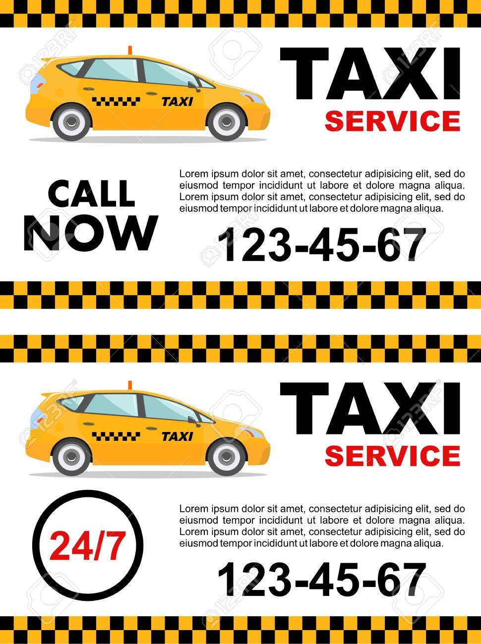 タクシー サービスのコンセプトです ベクター バナー ポスターやチラシ 黄色のタクシー車の詳細なイラスト のイラスト素材 ベクタ Image