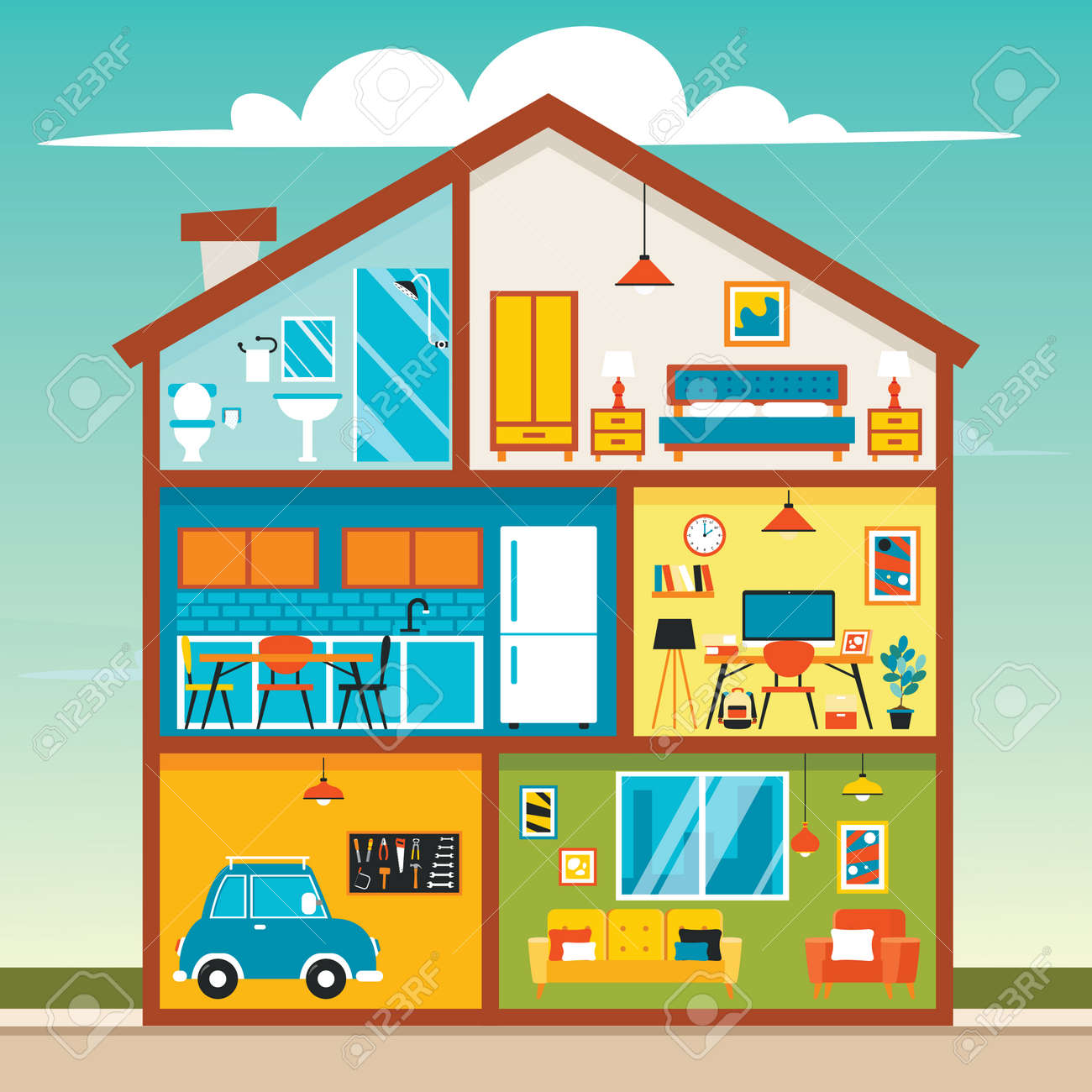 House Rooms With Flat Furnitures Royalty Free SVG, Cliparts, Vectors, and  Stock Illustration. Image 169352687., image size:1300x1300