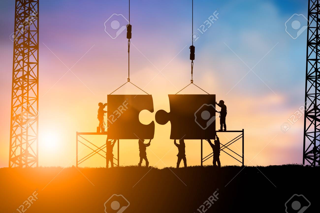 Silhouette Team Business Engineer Work Connecting Jigsaw Puzzle Stock Photo Picture And Royalty Free Image Image