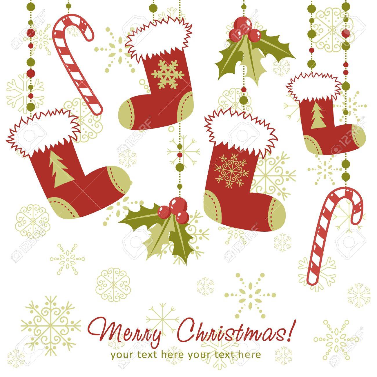 ornate christmas card with xmas stocking toys holly berries