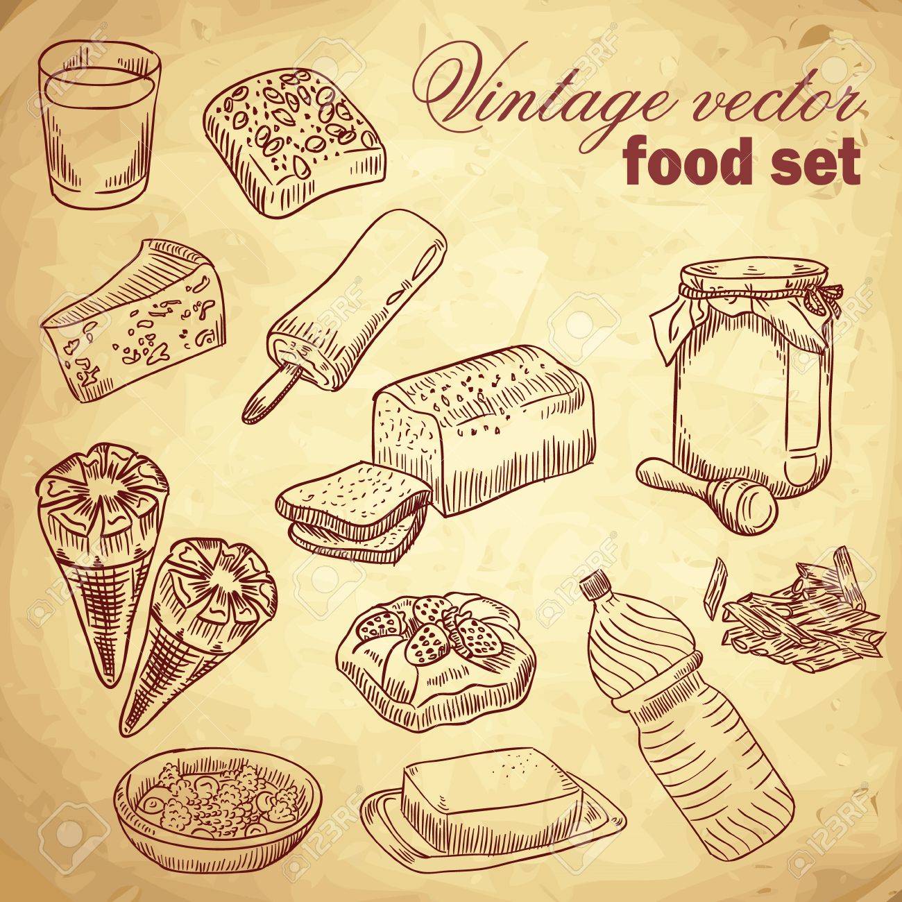 朝食に様々な美味しいものや料理を用意したヴィンテージ手描きの食べ物 のイラスト素材 ベクタ Image