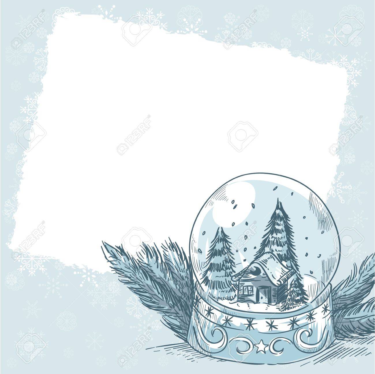 クリスマス手描き下ろし雪 クリスマス ツリー 家の中のかわいいガラス玉とレトロなポストカード のイラスト素材 ベクタ Image