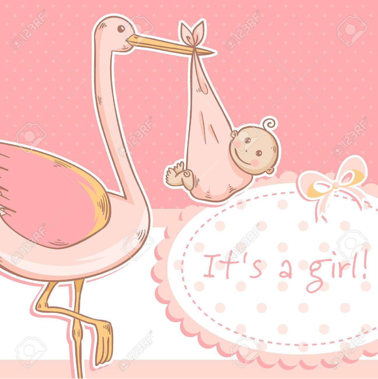 cute baby girl announcement card with stork and child on polka